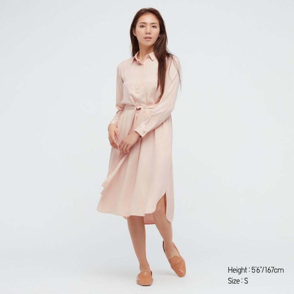 Uniqlo Pink Rayon Long-Sleeve Shirt Dress - Picture 2 of 16